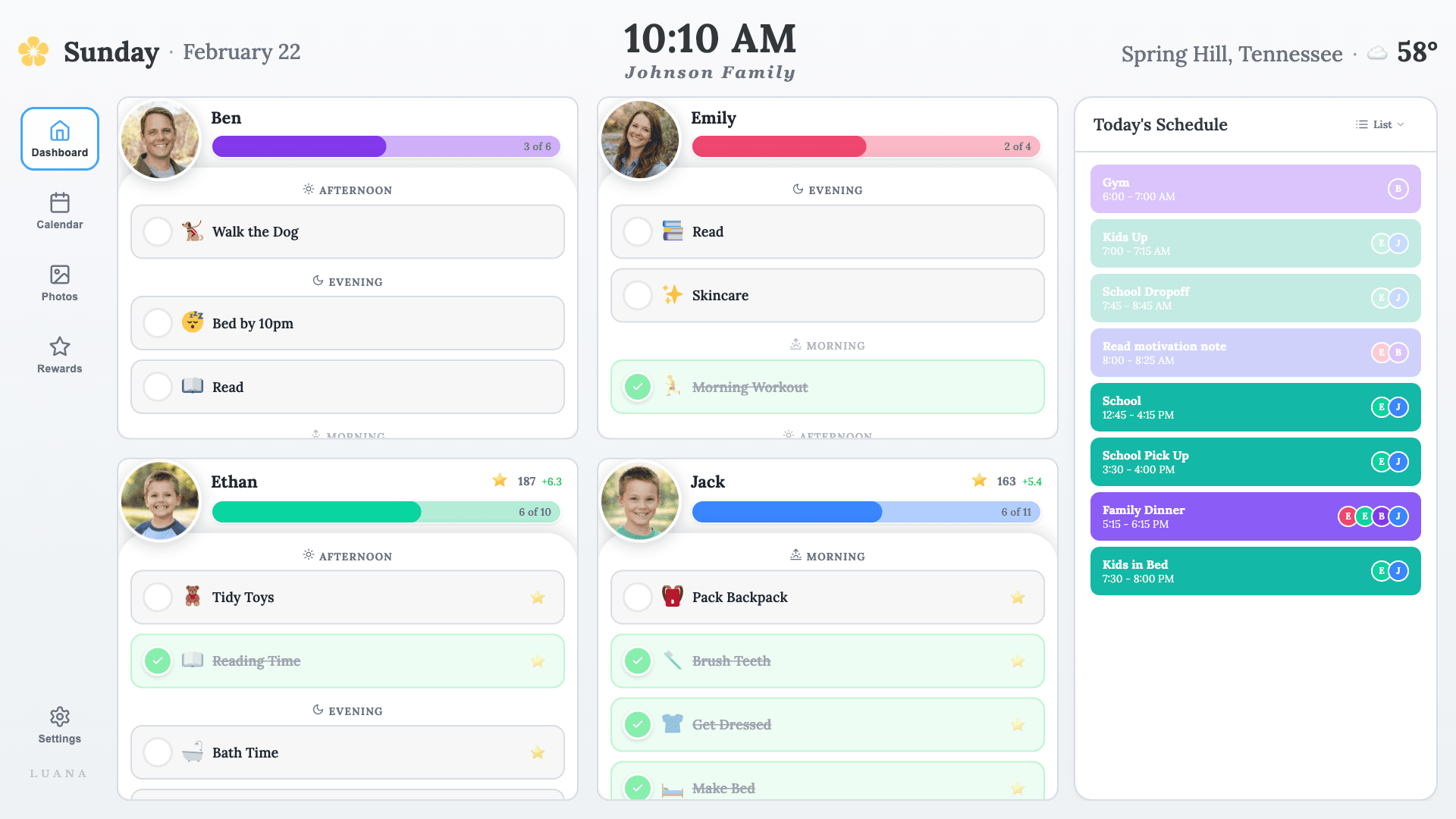 Family dashboard with each kid’s routine on the TV