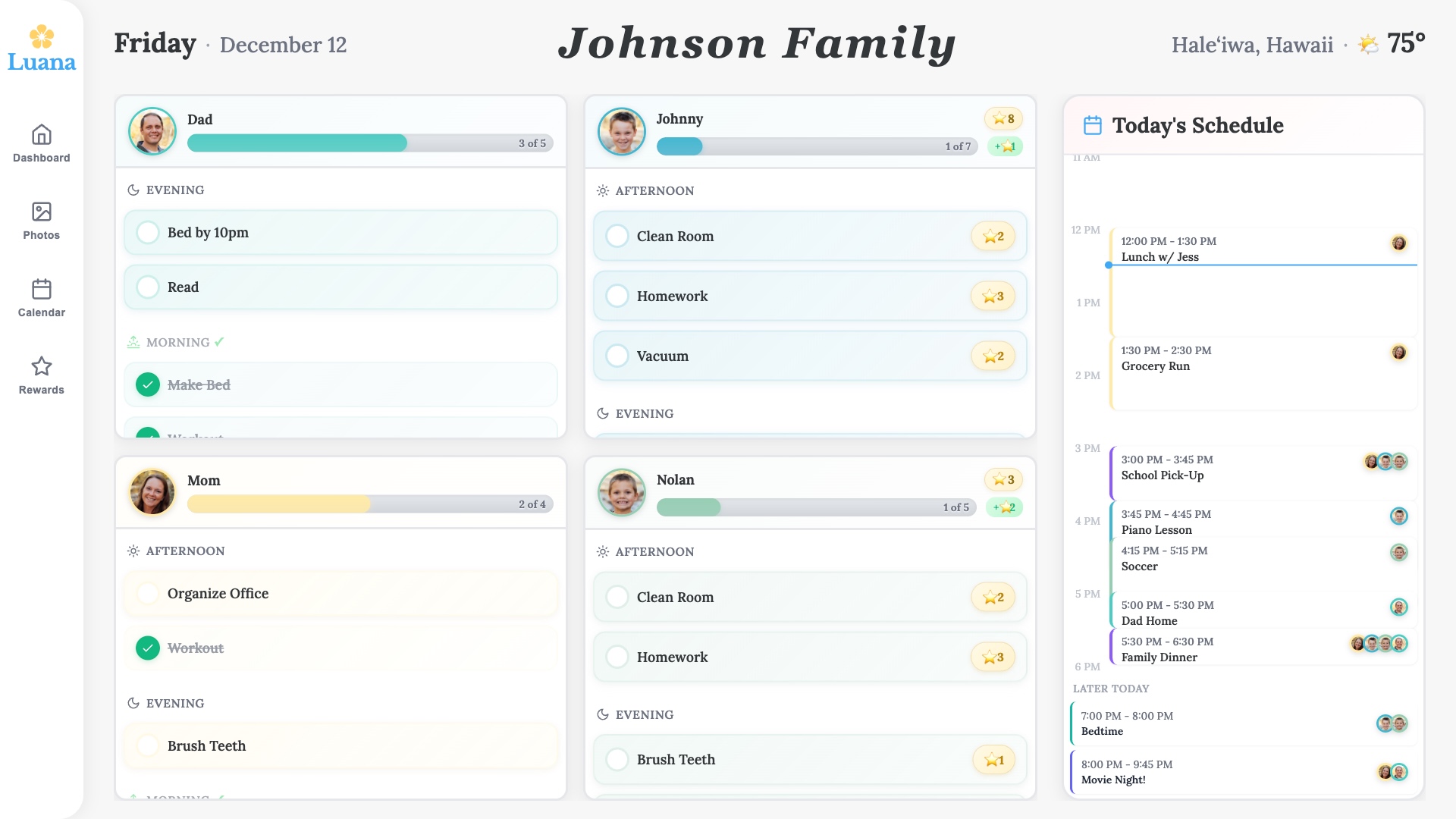 Luana Home dashboard showing family routines on a Samsung TV