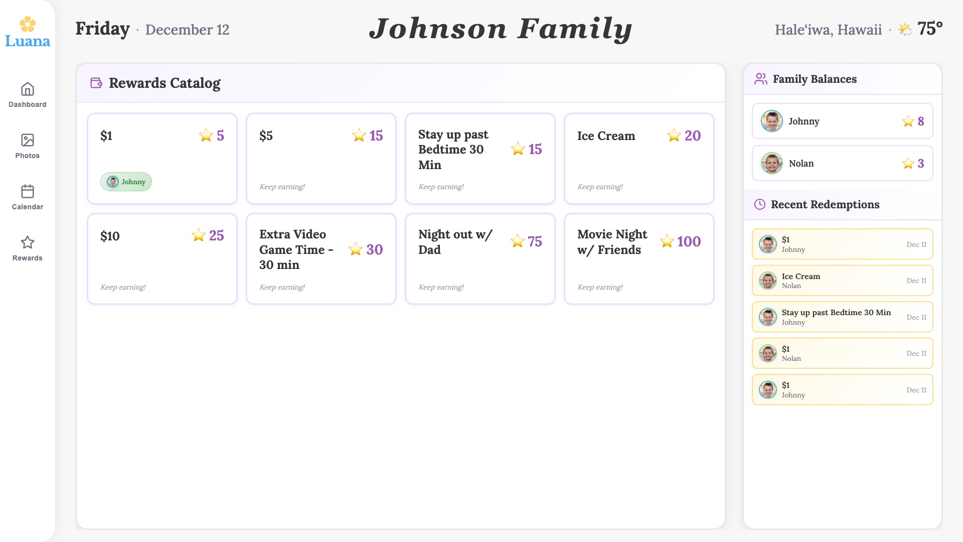 Luana Home rewards screen showing family balances on a Samsung TV